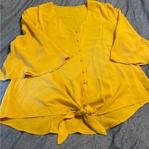 Mustard Flowy Button Blouse Large Womens Tied